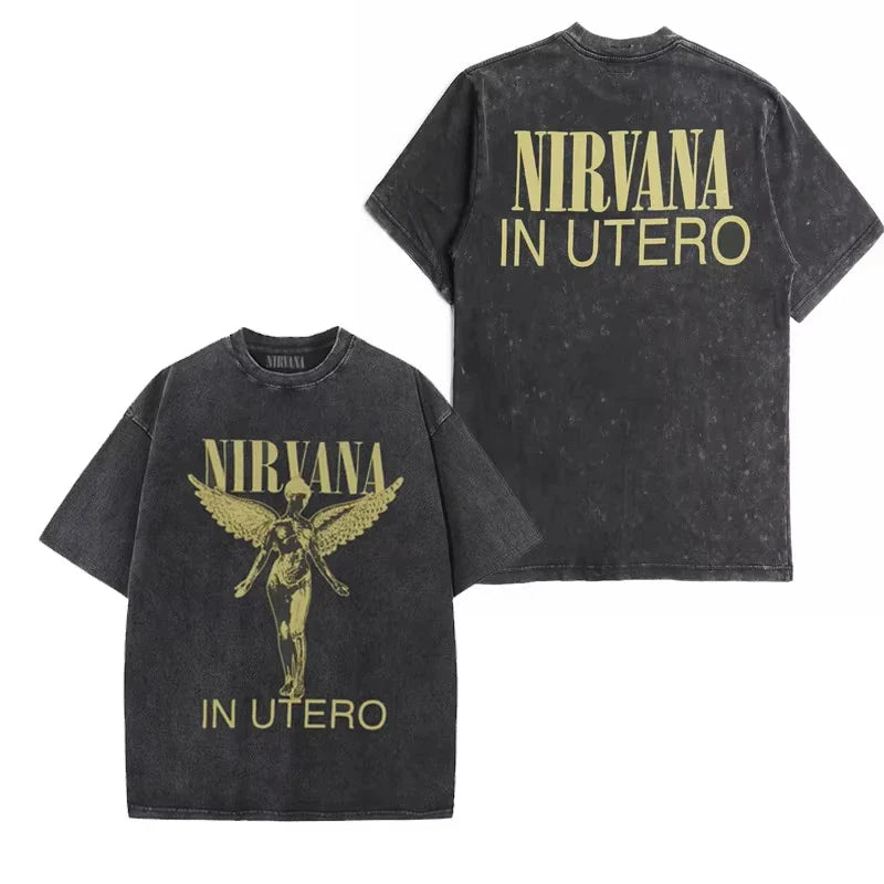 Nirvana rock band men's Retro cotton Washed Tee In Utero album man Women's oversized Y2K distress Tshirt Casual Loose streetwear