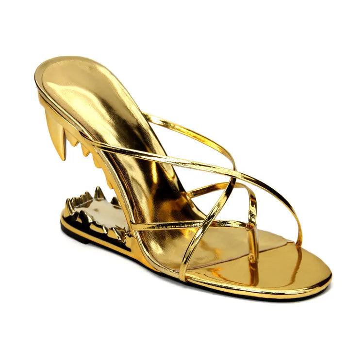 Big Gold Chain Peep Toe Tiger Teeth Heel Sandals 2024 New Fashion Silvery Beach Party Outdoors Women's Slippers Size 35-43