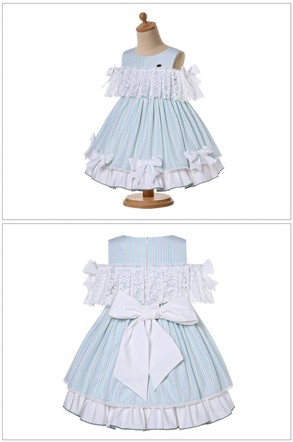 Pettigirl Vestido Casual Infantil Meninas Festa Casamentos Madrinha Princesa Listrado Azul Verão Roupas Infantis 2 a 12 anos