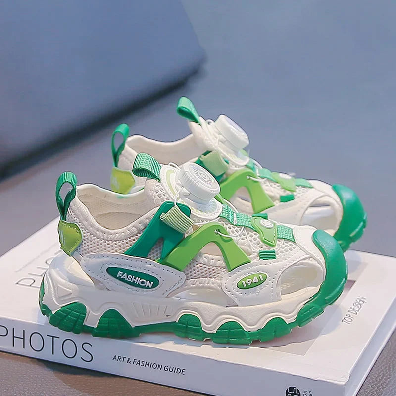 Kids Shoes Rotating Button Closed-Toe Boys Sandals Breathable Mesh Sport Shoes for Boys, Non-Slip Children Summer Sneakers
