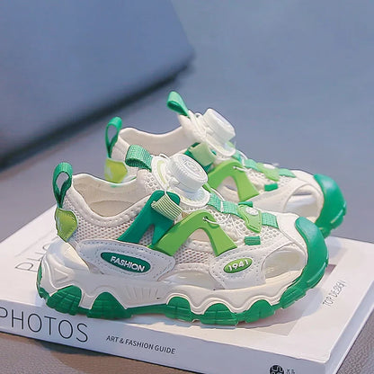 Kids Shoes Rotating Button Closed-Toe Boys Sandals Breathable Mesh Sport Shoes for Boys, Non-Slip Children Summer Sneakers