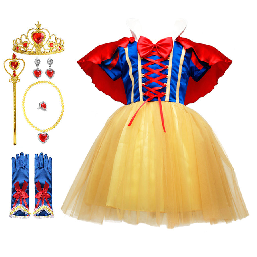 Vestido de princesa Branca de Neve para meninas com capa, fantasia de Halloween de verão, conjunto de roupas infantis, vestidos de menina