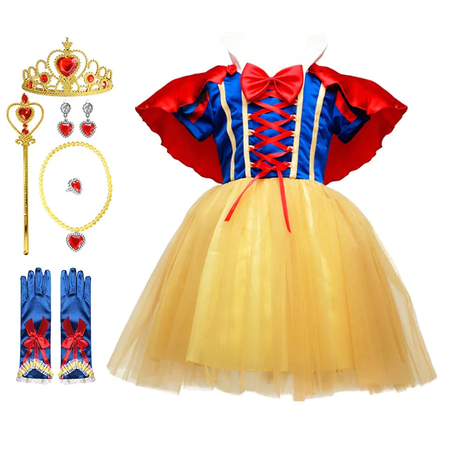 Vestido de princesa Branca de Neve para meninas com capa, fantasia de Halloween de verão, conjunto de roupas infantis, vestidos de menina
