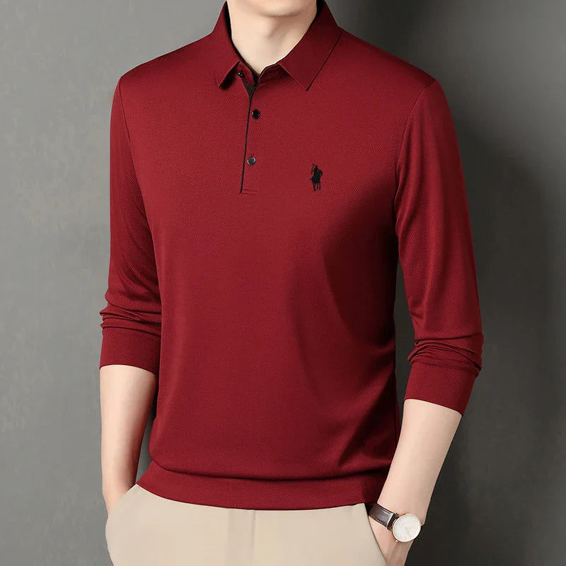 2025 Latest Autumn New Men's Long Sleeve Polo Shirt Middle Aged Business Comfortable Solid Color Men's Collar T-shirt