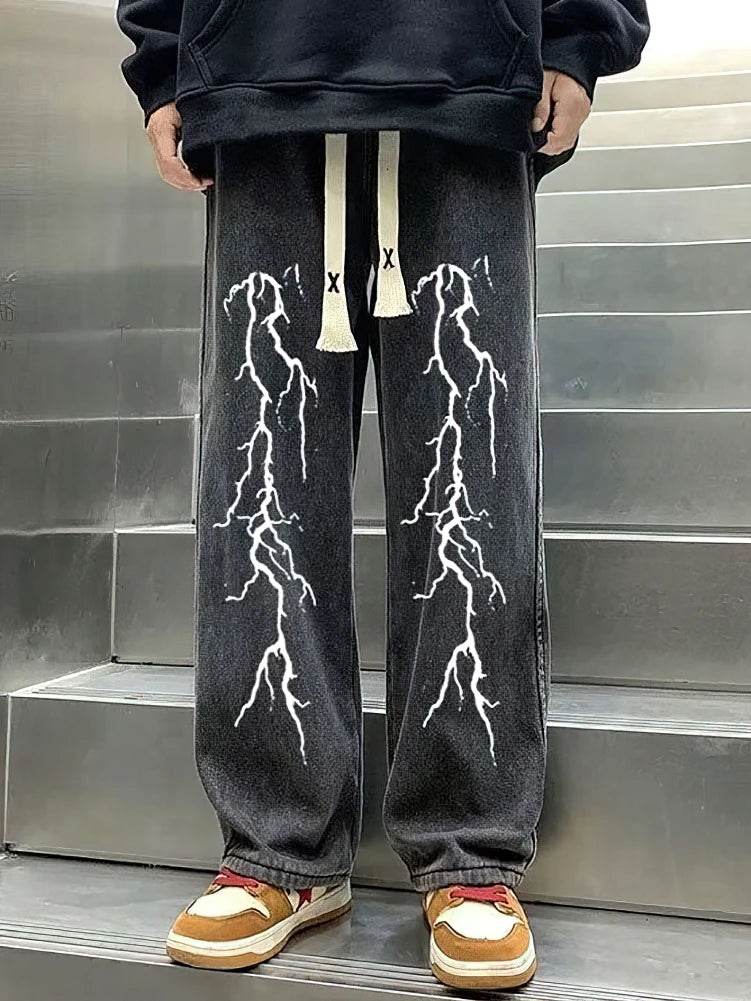 Calça Jeans Preta Estampada Masculina Folgada Reta Oversize Gráfica Casual Perna Larga Denim Calças Compridas Coreanas Calças de Moletom Com Cordão