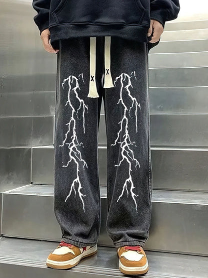 Calça Jeans Preta Estampada Masculina Folgada Reta Oversize Gráfica Casual Perna Larga Denim Calças Compridas Coreanas Calças de Moletom Com Cordão