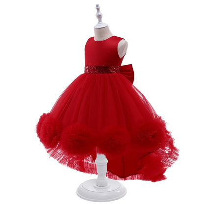 Elegant Trailing Flower Party Girls Dress Summer Wedding Bridesmaid Princess Prom Dress Girl Tull Bow Birthday Evening Ball Gown