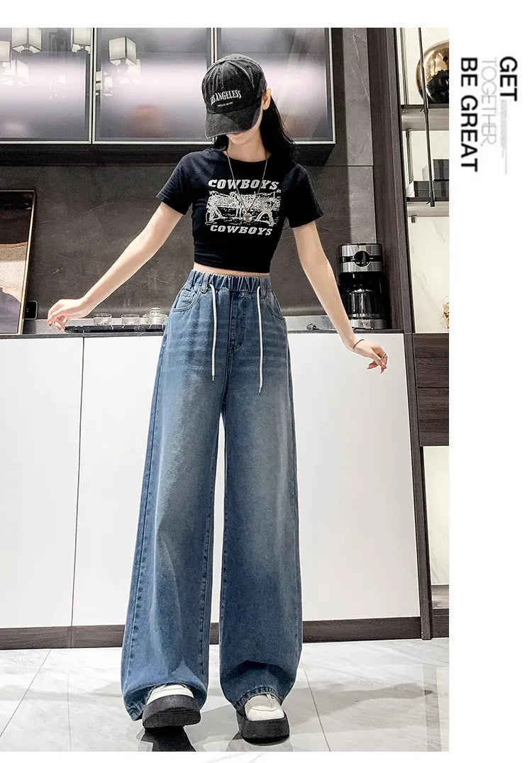 Calça Jeans Feminina Plus Size Folgada Cintura Alta Perna Larga Azul Claro Elástico na Cintura Cordão Calças Outono Moda Plus Size