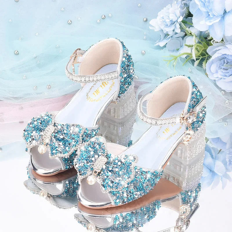 2025 Summer Girls' Princess Shoes Fashion Sequin Bow Soft Bottom Children's Sandals Girls' Performance Pearl Crystal High Heels
