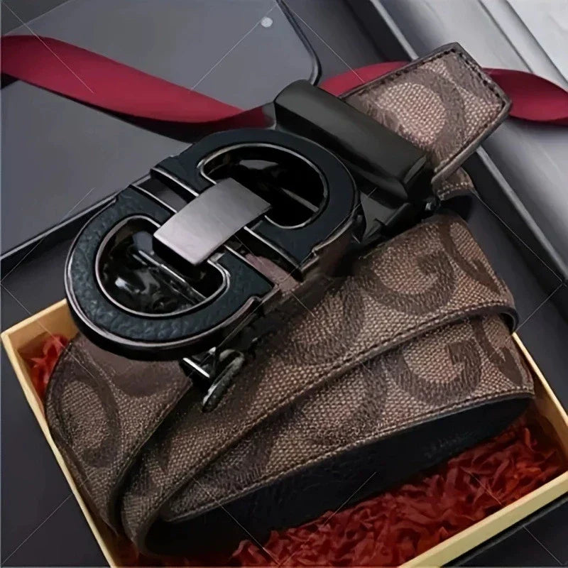 Men's Sleek Automatic Buckle Belt - Genuine FauxwithTextured Square Pattern, Black, Simple & Stylish DesignforCasual Attire