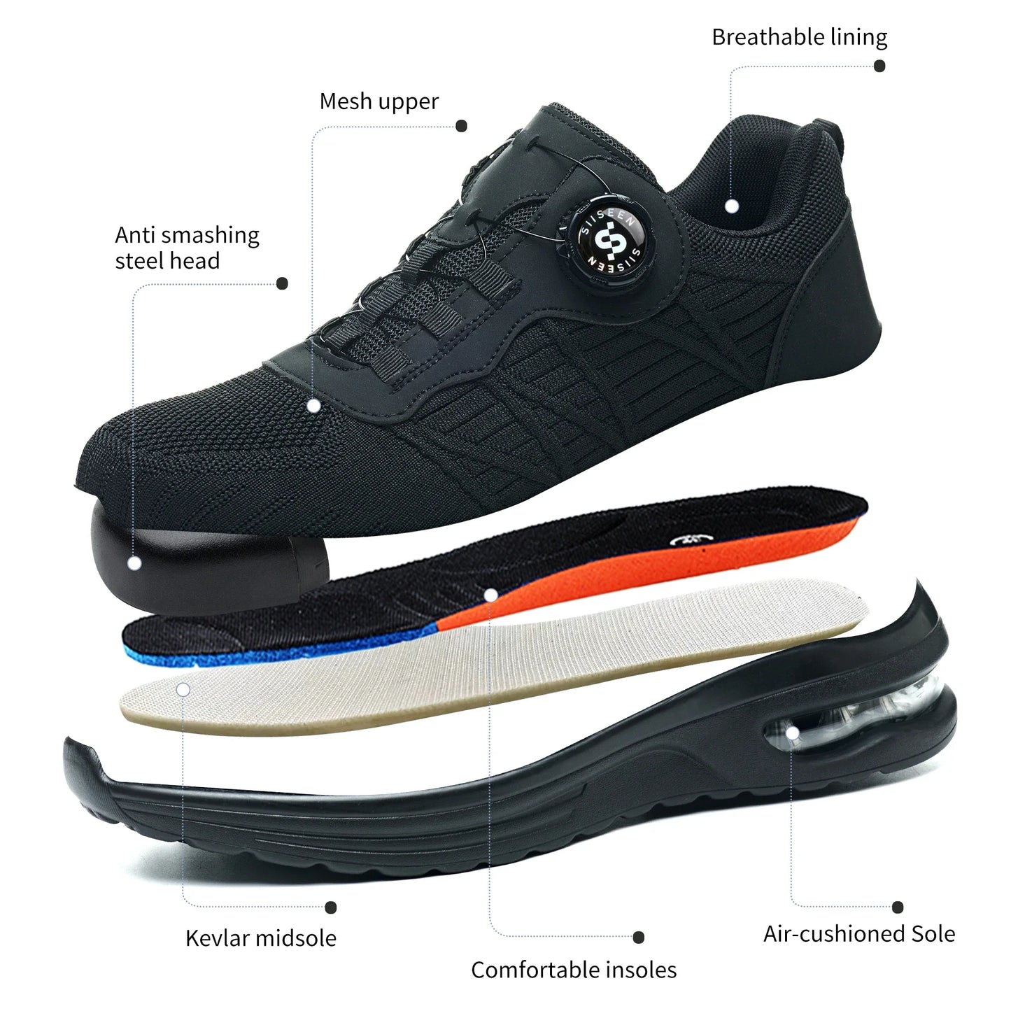 Men's Safety Shoes Steel Toe Anti- Crush Puncture Resistant Kevlar Pure Black Button Air Cushion Lightweight Work Shoes