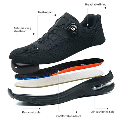 Men's Safety Shoes Steel Toe Anti- Crush Puncture Resistant Kevlar Pure Black Button Air Cushion Lightweight Work Shoes