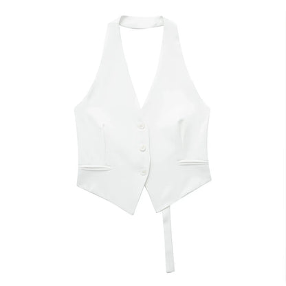 Women Fashion Black Backless Lace Up Waistcoats Vintage Halter Neck Sleeveless Jackets Female Chic Lady Tank Tops