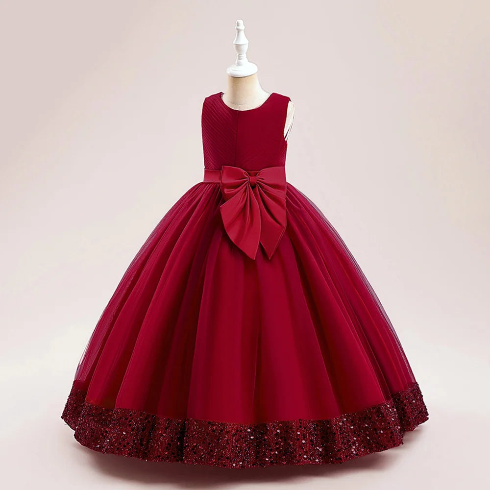 Teen Girls Luxury Big Bow Evening Gown Wedding Bridesmaid Party Dress For Girl Kids Sequin Princess Birthday Dresses Summer Wear