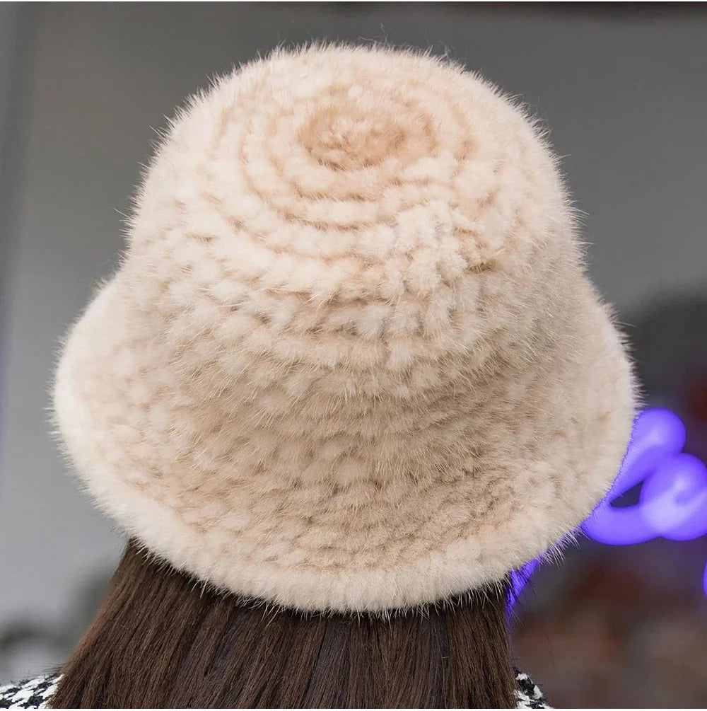 Woman Hat Winter Solid Mink Caps With Flower Natural Mink Fur Hats New Russian Girl Soft Knitting Real Fur Bucket Hats 2026 Warm