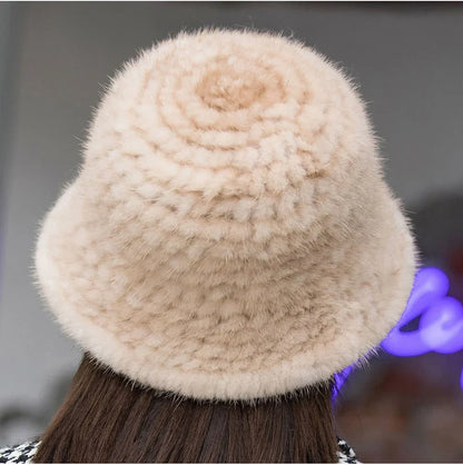 Woman Hat Winter Solid Mink Caps With Flower Natural Mink Fur Hats New Russian Girl Soft Knitting Real Fur Bucket Hats 2026 Warm
