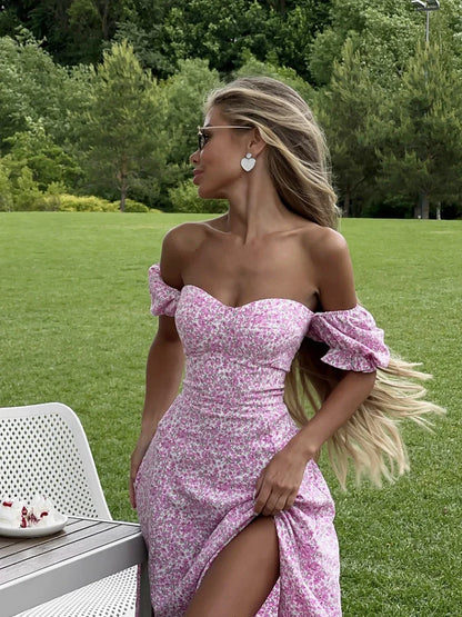 Women's Off Shoulder Floral Dress Summer New Fashionable Slit Long Slim Fit Print Dress Sexy Hot Girl Evening Dresses