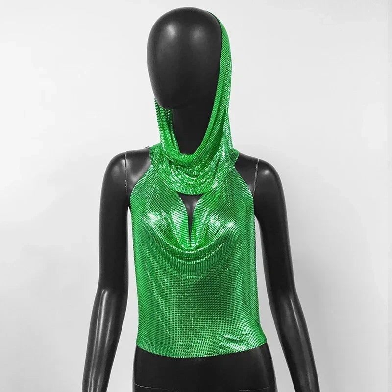 Fashion Metal Sequined Y2k Women Crop Top Tank Tops with Headscarf Metallic Sequins Sexy Backless Hollow Out Halter Corset top
