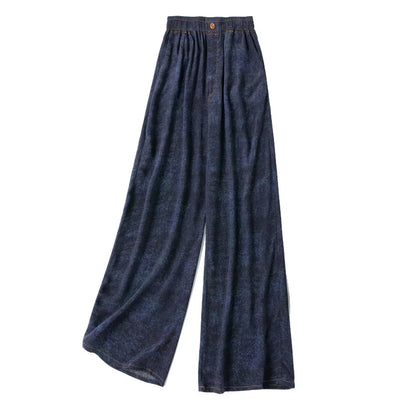 Women Pants 100% Mulberry Silk 16 momme Silk Loose Type Wide Leg Navy Jeans Printed Long Pants Trousers With Pockets L XL M1155