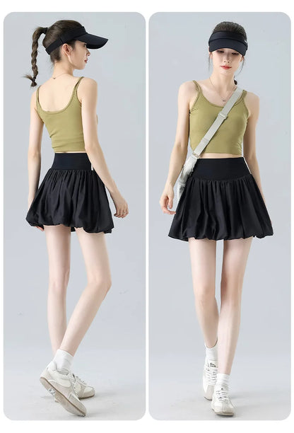 Women Summer Tennis Skirt High Waist Flared Flounce Skirt 2 in 1 with Shorts Anti-Exposure Athletic Pleated Golf Skirt Workout