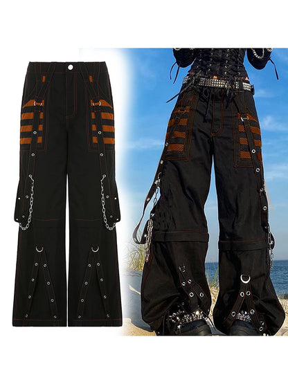 Women Fall Winter Cargo Jeans Striped Zipper Button Closure Loose Casual Trousers Streetwear with Pockets