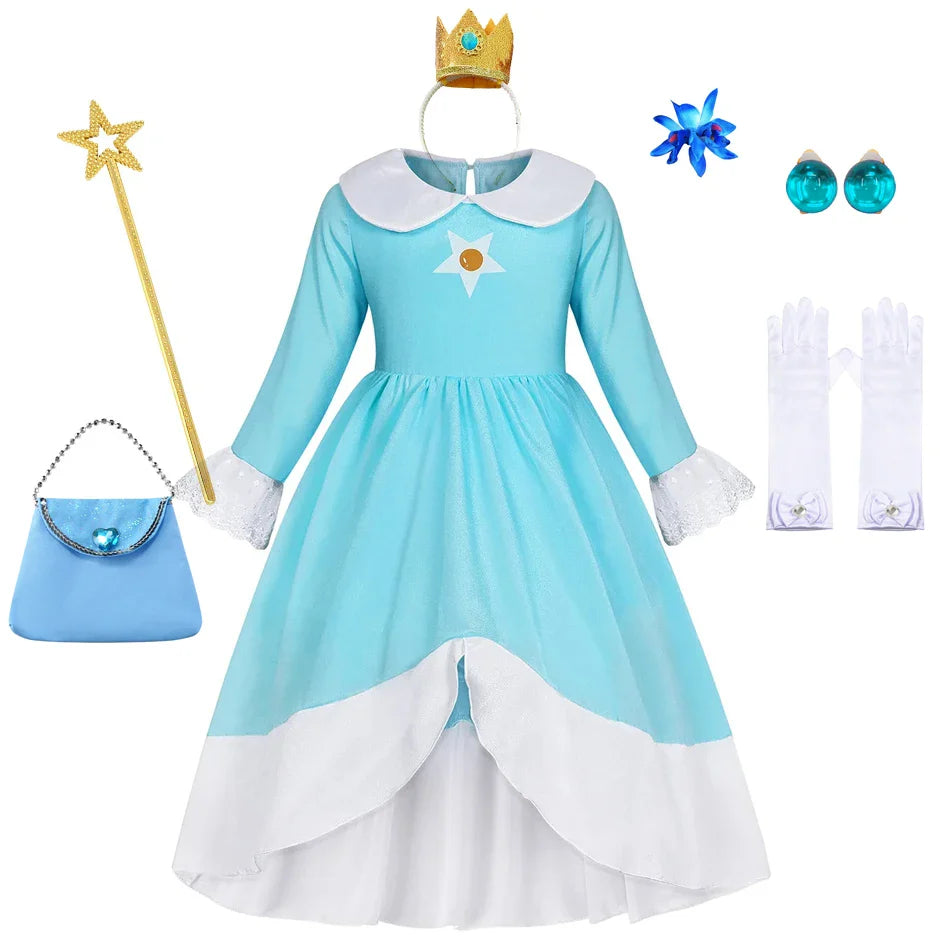 Rosalina Dress Girls Peach Cosplay Kids Party Princess Costume Birthday Blue Dresses Children Clothing