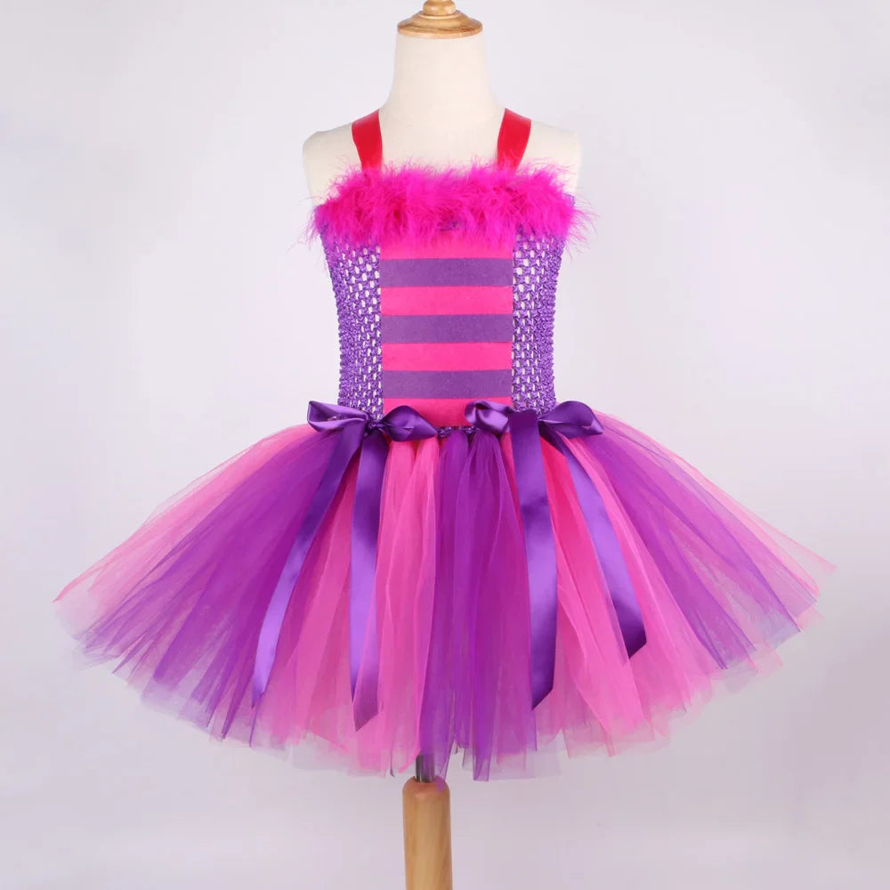Fantasias Gato Cheshire Rosa Pink e Roxo para Bebês Meninas Roupa de Tutu Chique de Animal para Crianças Festa de Carnaval com Orelhas Laço e Meias