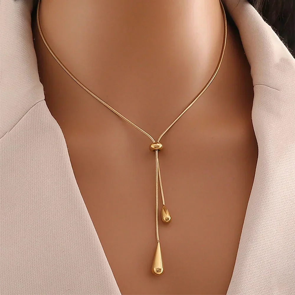 Stainless Steel Pull Adjustable Water Drop Shape Tassel Charm Necklace Fashion Personality High-Grade Jewelry Gifts