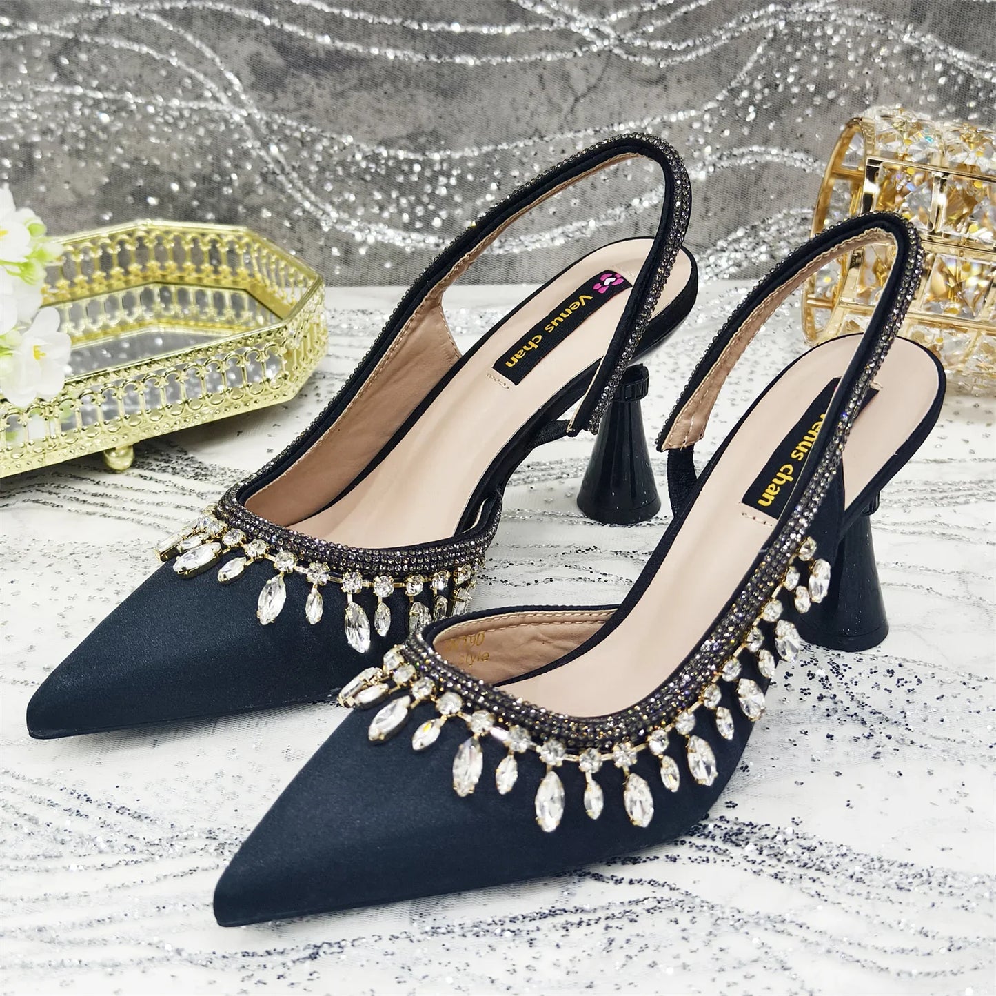 Pointed-Toe High Women Heels Shoes and Bags for Women Rhinestone Evening Party Elegant Luxury Handbag