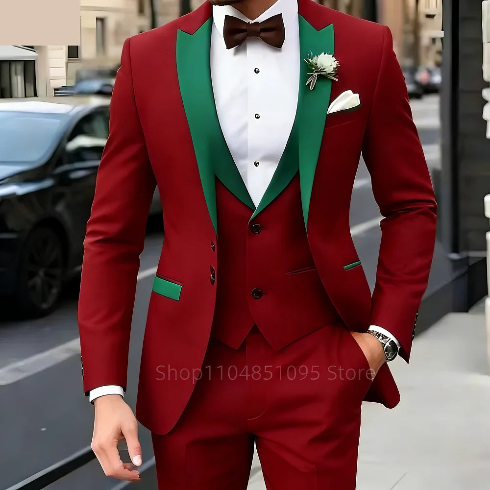 Brown Peak Lapel 3 Piece Men's Tuxedos Fashion Single Breasted Formal Men's Clothes Intelligent Casual Wedding Tuxedos