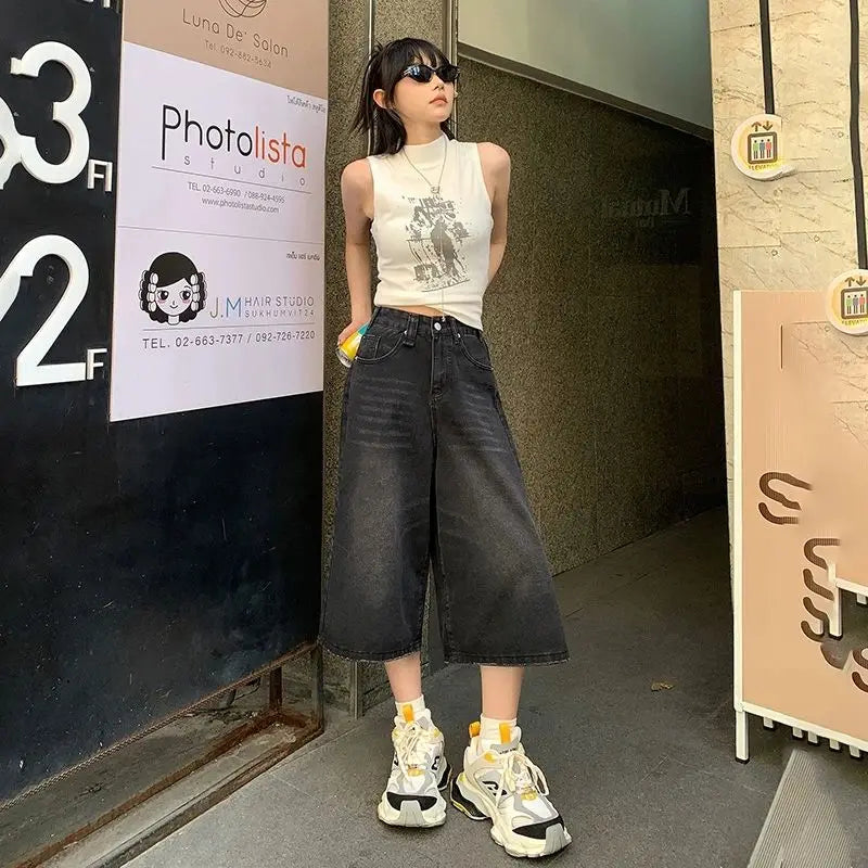 Verão American Style Vintage Feminino Jeans Folgado Y2k Solto Lavado Cintura Alta Calça Jeans Comprimento Joelho Streetwear Shorts Perna Larga