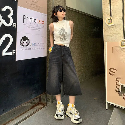 Verão American Style Vintage Feminino Jeans Folgado Y2k Solto Lavado Cintura Alta Calça Jeans Comprimento Joelho Streetwear Shorts Perna Larga