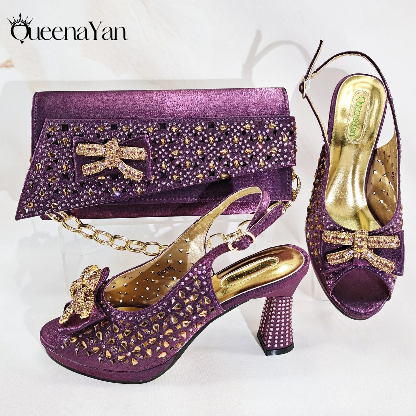 Elegant Mature Style Purple Rhinestone Design Women's Peep Toe High Heels With Matching Handbag Set for Party Wedding or Wokr