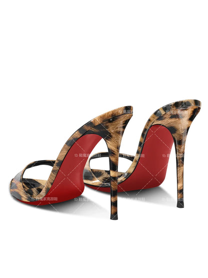 2025 New Leopard Pattern Pointed High Heels for Women, Ultra fine Heels, Slippers with Bare Toes, Half Dragged, Simple Sandals