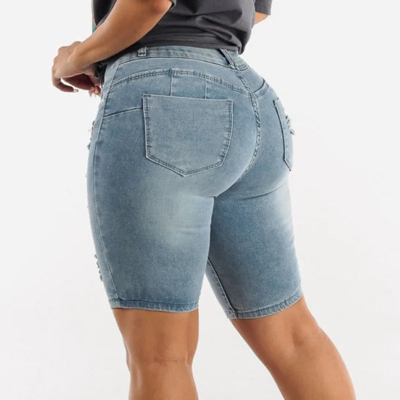 Fashion Solid Slim Butt Lifting Pants Women Elasticity Denim Shorts Casual Slimming Ripped Jeans Temperament Women's Short