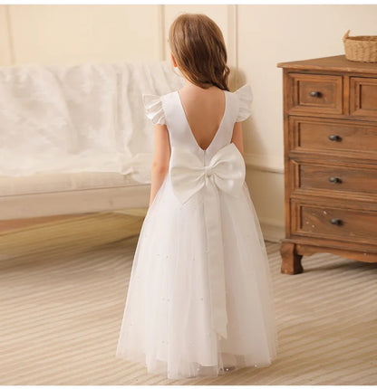 Summer Girl Flower Birthday Tulle Dress Backless Bow Wedding Gown Piano Kids Party Wear Princess Dress Baby Girl Bowknot Dresses