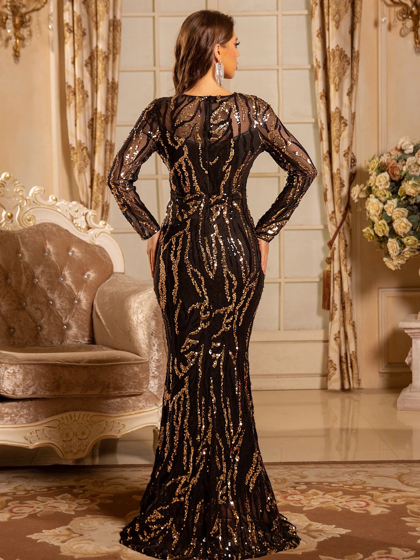Black Gold Sequined Evening Gown for Women Elegant Full Sleeved Padded Long Prom Dresses Navy Green