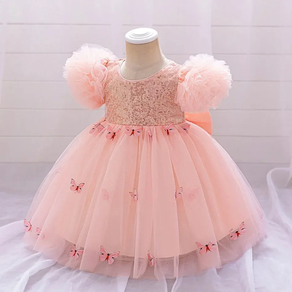 Baby Girl Clothing Summer Bow And Butterfly Pattern Halter Solid Color Mesh Baby Kids Dresses Cute Casual Baby Girl Dress ASQ03