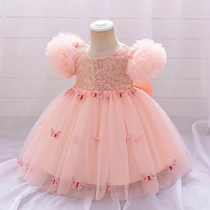 Baby Girl Clothing Summer Bow And Butterfly Pattern Halter Solid Color Mesh Baby Kids Dresses Cute Casual Baby Girl Dress ASQ03