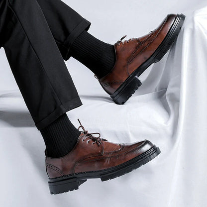 Men Korea Leather Platform Oxfords Slip on Thick Tottom for Male Derby Shoes Casual Loafers Mens Square Toe Formal Dress Shoes
