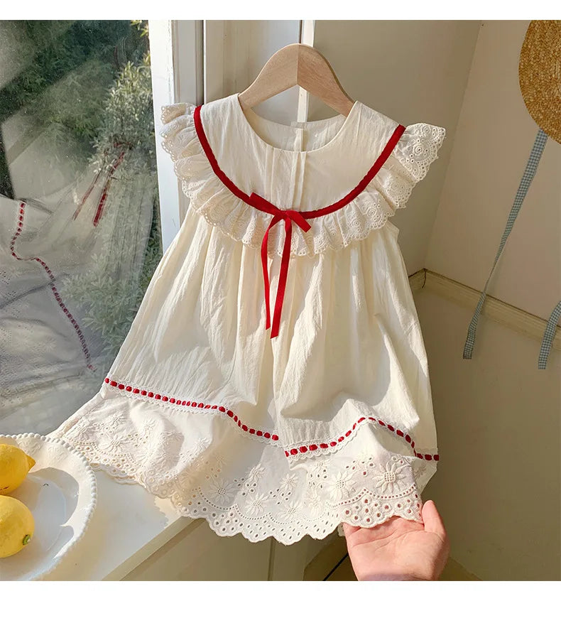 Kid Girl Exquisite Dress Ruffled Lace Collar Trimmed in Red Ribbon Red Dotted Lace Cut Out Embroidery on The Skirt for Children