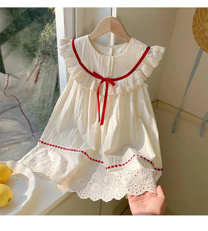 Kid Girl Exquisite Dress Ruffled Lace Collar Trimmed in Red Ribbon Red Dotted Lace Cut Out Embroidery on The Skirt for Children