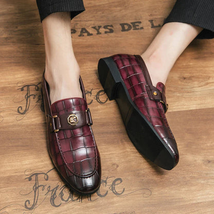Men Metal Decor Crocodile Embossed Slip On Dress Loafers, Leisure Burgundy Dress Shoes