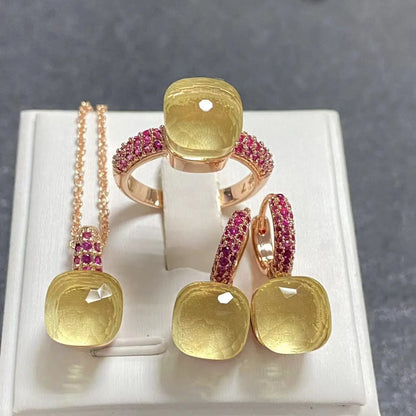 Conjunto de Joias Femininas 3 Peças - Anel, Brincos e Colar Banhados a Ouro Rosé com Zircônia Roxa Incrustada