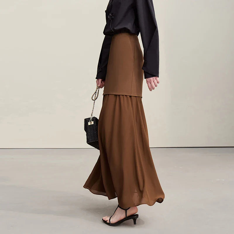Women's Skirt 2026 Spring New Elegant Patchwork Chiffon Long Skirt Solid Color Straight Versatile Woman Clothes 12641047