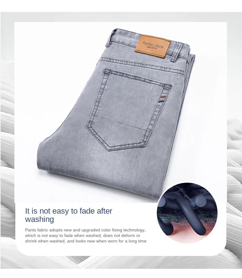 2026 Brand Thin or Thick Material Straight Cotton Stretch Denim Men's  Business Casual High Waist Light Grey Blue Jeans