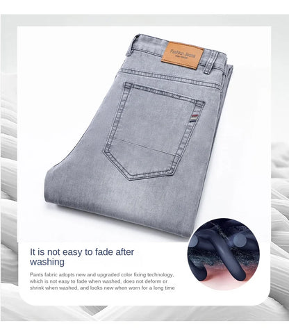 2026 Brand Thin or Thick Material Straight Cotton Stretch Denim Men's  Business Casual High Waist Light Grey Blue Jeans
