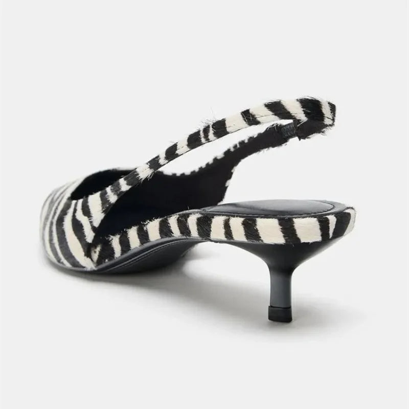 Stylish Zebra Print Design High Heels for Women Sexy Pointed Toe Kitten Heels Sandals Comfortable Street Style Slingback Shoes