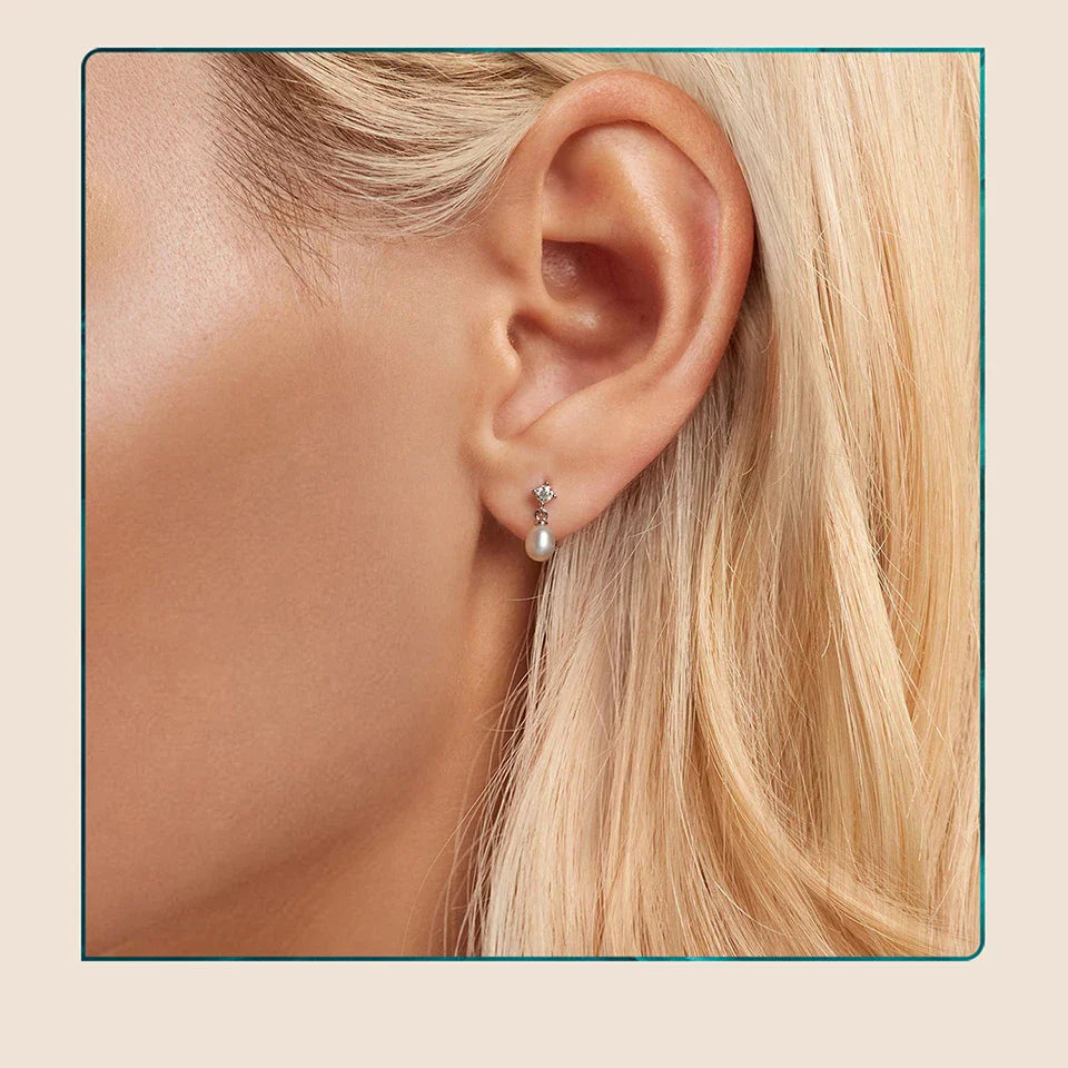 White Gold Plated Moissanite Freshwater Pearl Earrings for Women, 925 Sterling Silver Elegant Stud Huggies Christmas Gift