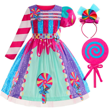 2026 New Candy Dress For Baby Girl Purim Carnival Birthday Costume Fancy Rainbow Short Sleeve Cute Dress + Accessories Set